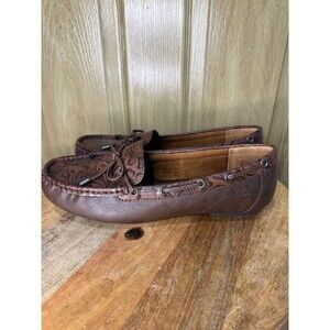 B.O.C. Brown Carolann Round-Toe Bow Floral Embossed Faux Leather Loafers 10W